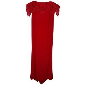 Faviana Red Crochet Lace Off The Shoulder Side Slit Jersey Gown Prom Dress Sz 18